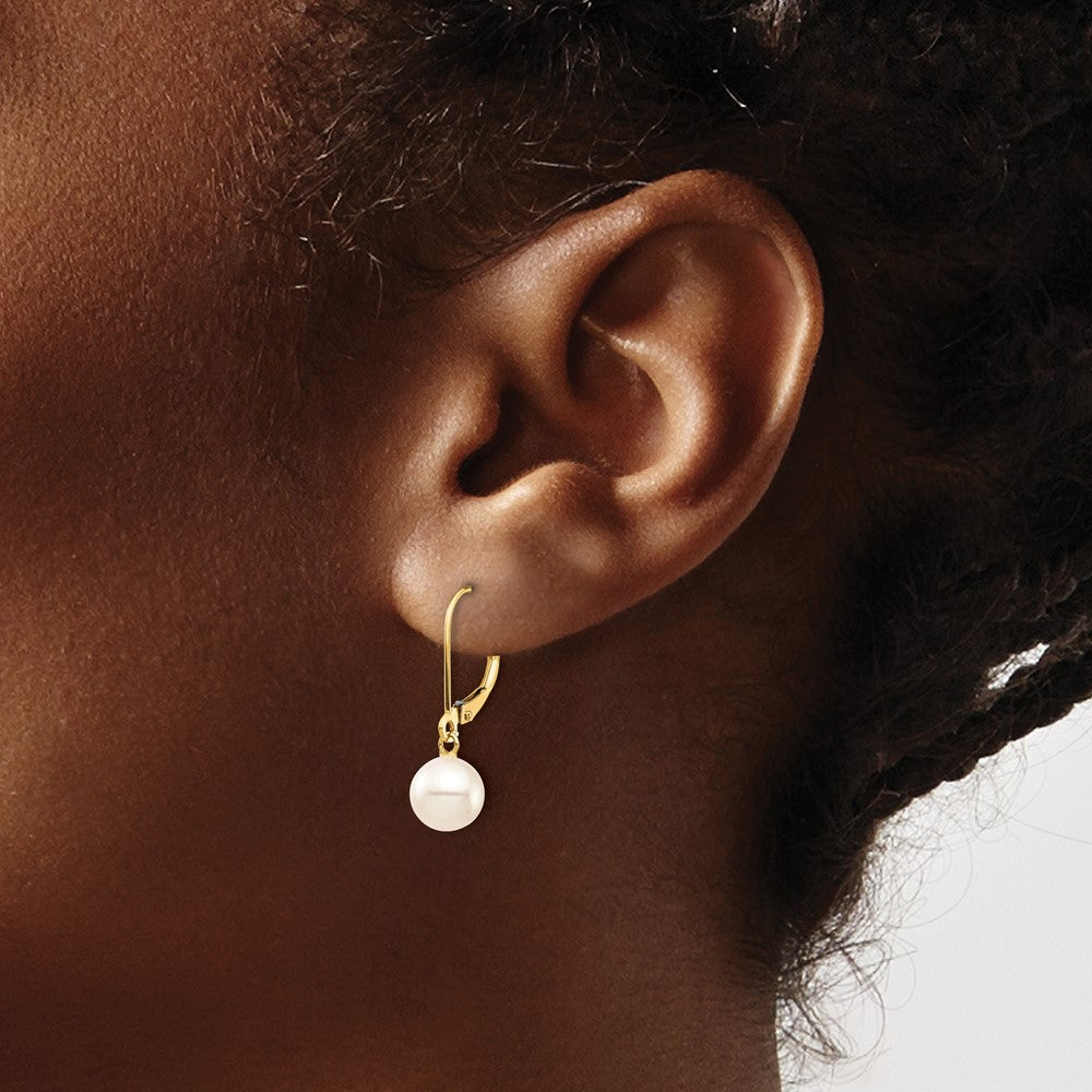 10K Yellow Gold 7-8mm White Round Freshwater Cultured Pearl Leverback Earrings