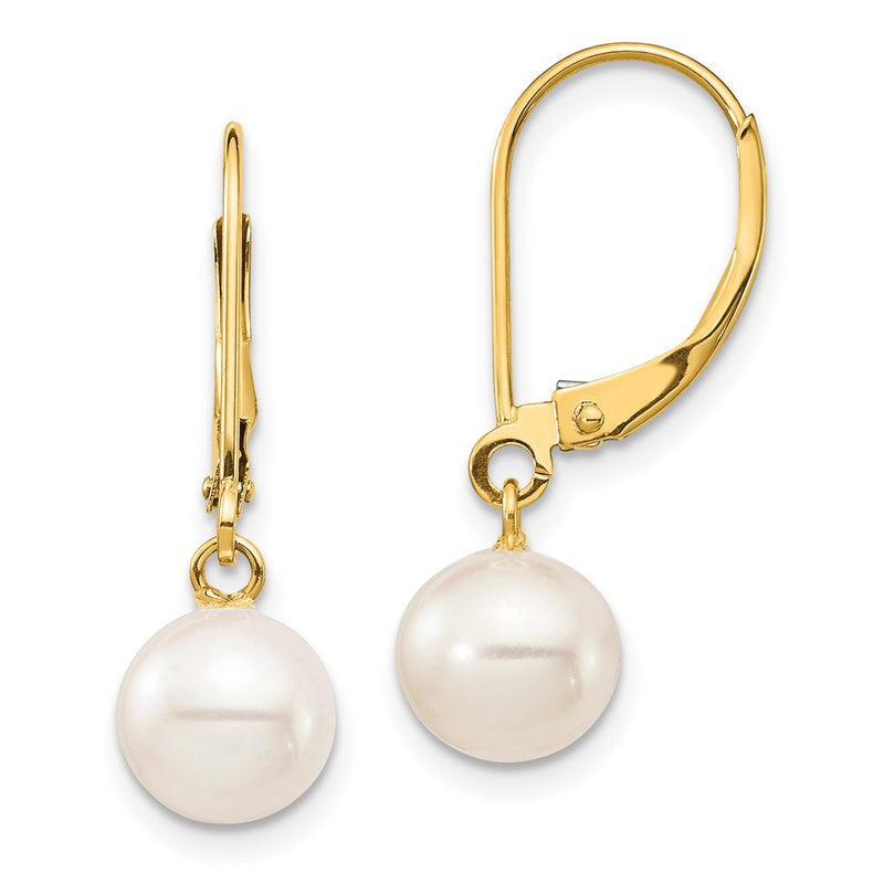 10K Yellow Gold 7-8mm White Round Freshwater Cultured Pearl Leverback Earrings