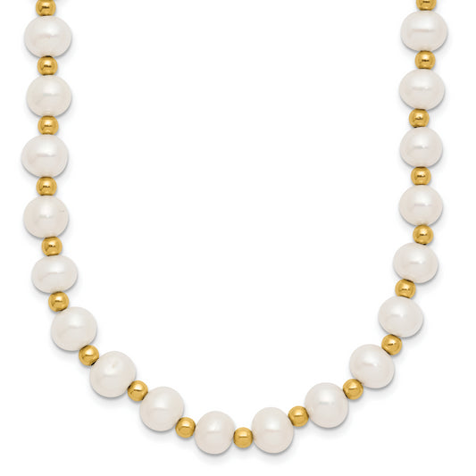 10K Yellow Gold 6-7mm White Near Round Freshwater Cultured Pearl Beaded 18 Inch Necklace