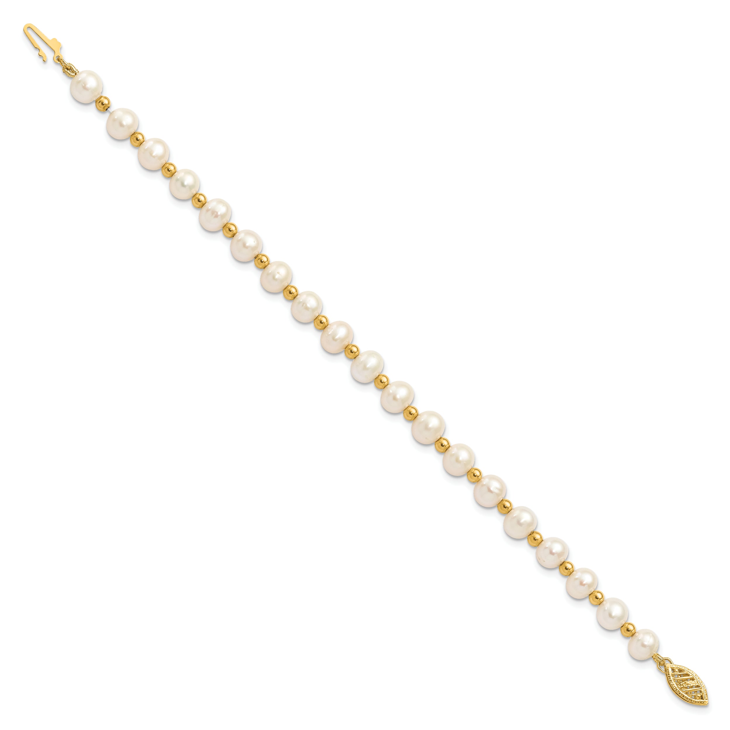 10K Yellow Gold 6-7mm White Near Round Freshwater Cultured Pearl Beaded 7 Inch Bracelet