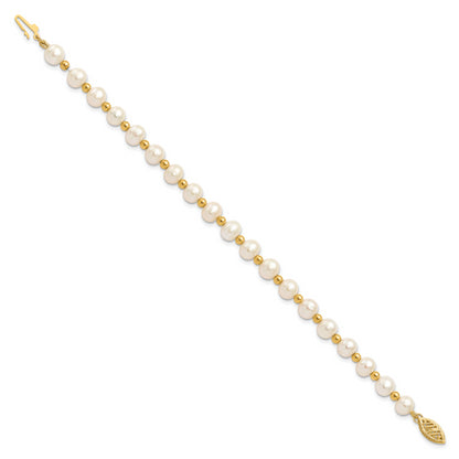 10K Yellow Gold 6-7mm White Near Round Freshwater Cultured Pearl Beaded 7 Inch Bracelet