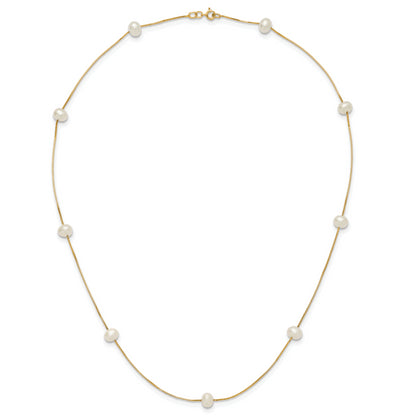 10K Yellow Gold 5-6mm White Round Freshwater Cultured Pearl 9-Station 18 Inch Necklace