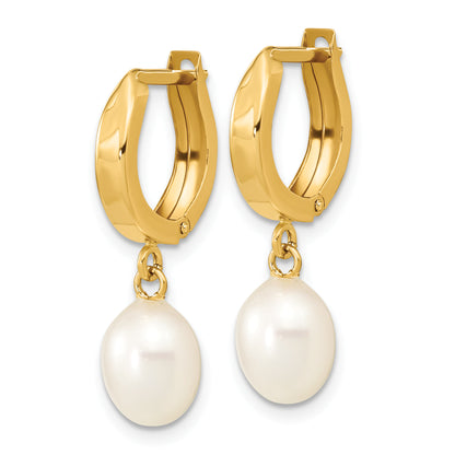 10K Yellow Gold 10K 6-7mm White Rice Freshwater Cultured Pearl Hoop Dangle Earrings