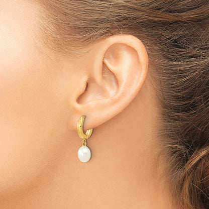 10K Yellow Gold 10K 6-7mm White Rice Freshwater Cultured Pearl Hoop Dangle Earrings