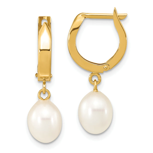 10K Yellow Gold 10K 6-7mm White Rice Freshwater Cultured Pearl Hoop Dangle Earrings
