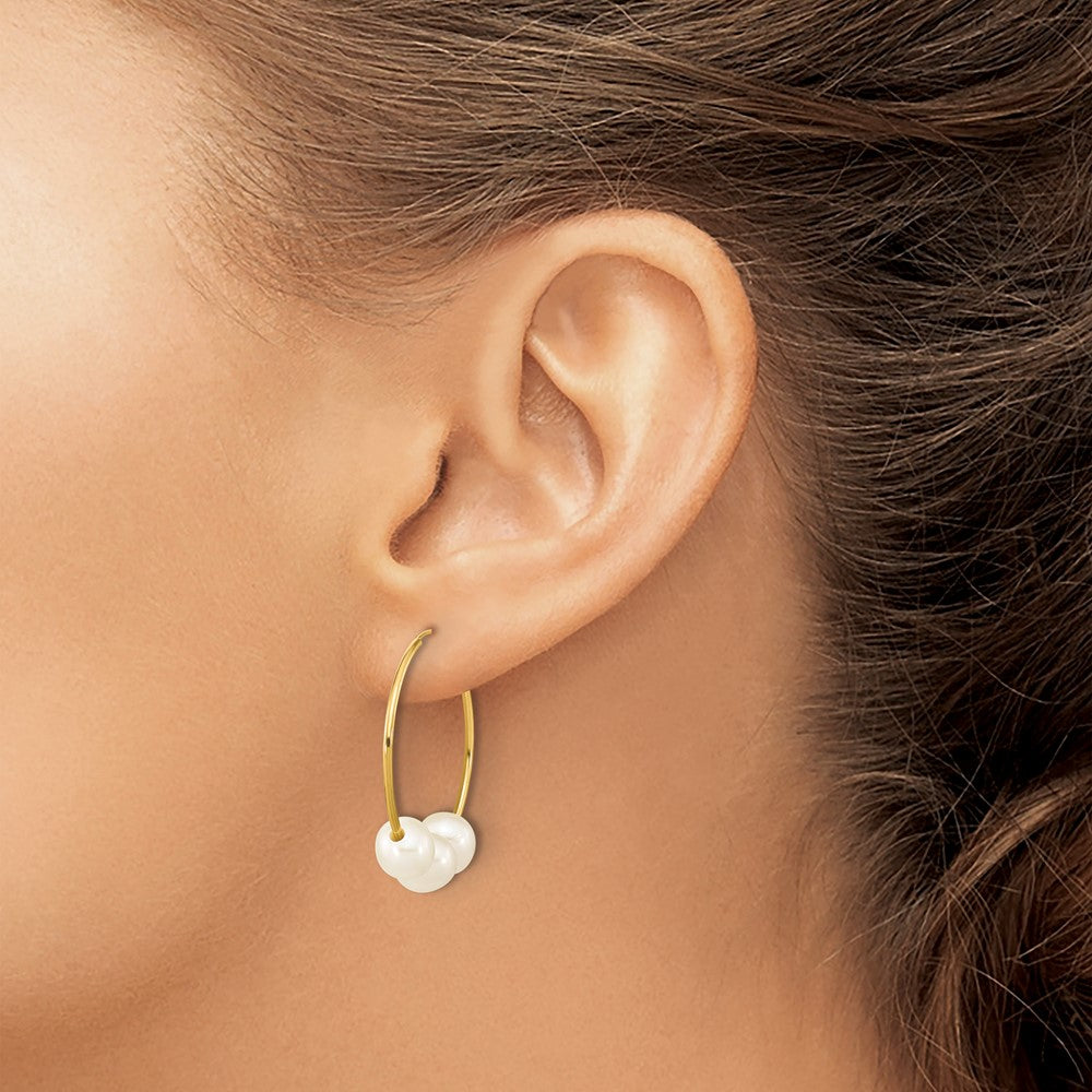 10K Yellow Gold 6-7mm White Semi-Round Freshwater Cultured Pearl Hoop Dangle