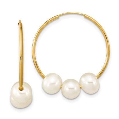 10K Yellow Gold 6-7mm White Semi-Round Freshwater Cultured Pearl Hoop Dangle