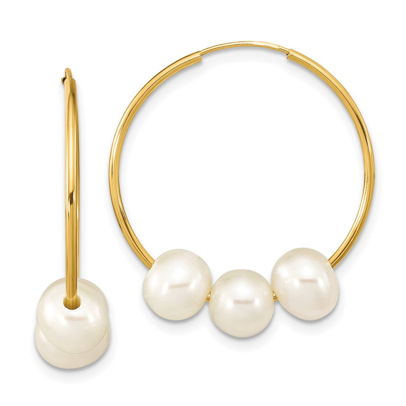 10K Yellow Gold 6-7mm White Semi-Round Freshwater Cultured Pearl Hoop Dangle
