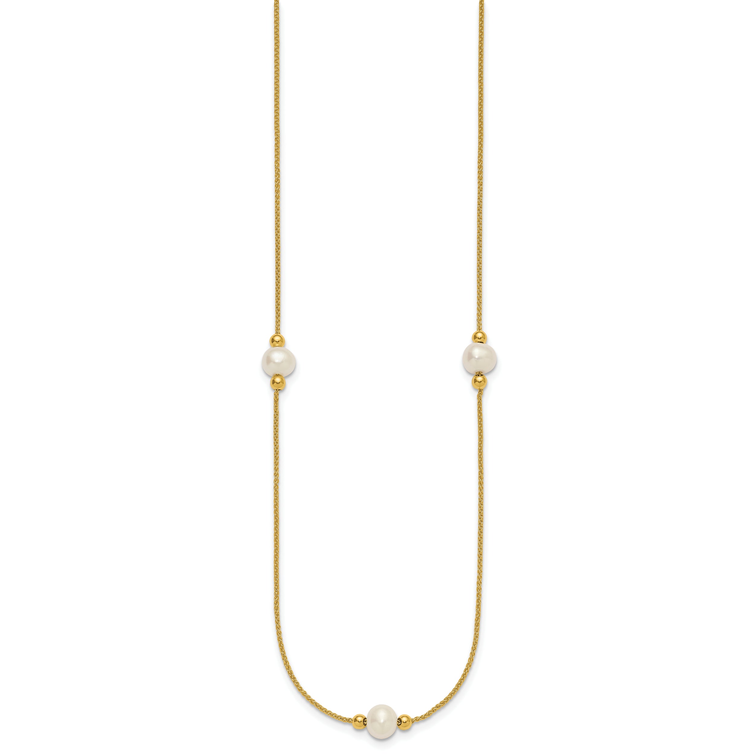 10K Yellow Gold Polished 8-9mm Semi-Round White Freshwater Cultured Pearl 3-Station 18 Inch Necklace
