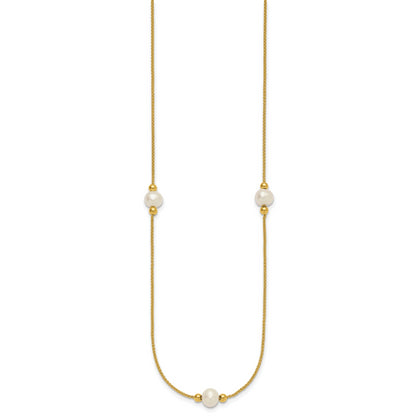 10K Yellow Gold Polished 8-9mm Semi-Round White Freshwater Cultured Pearl 3-Station 18 Inch Necklace