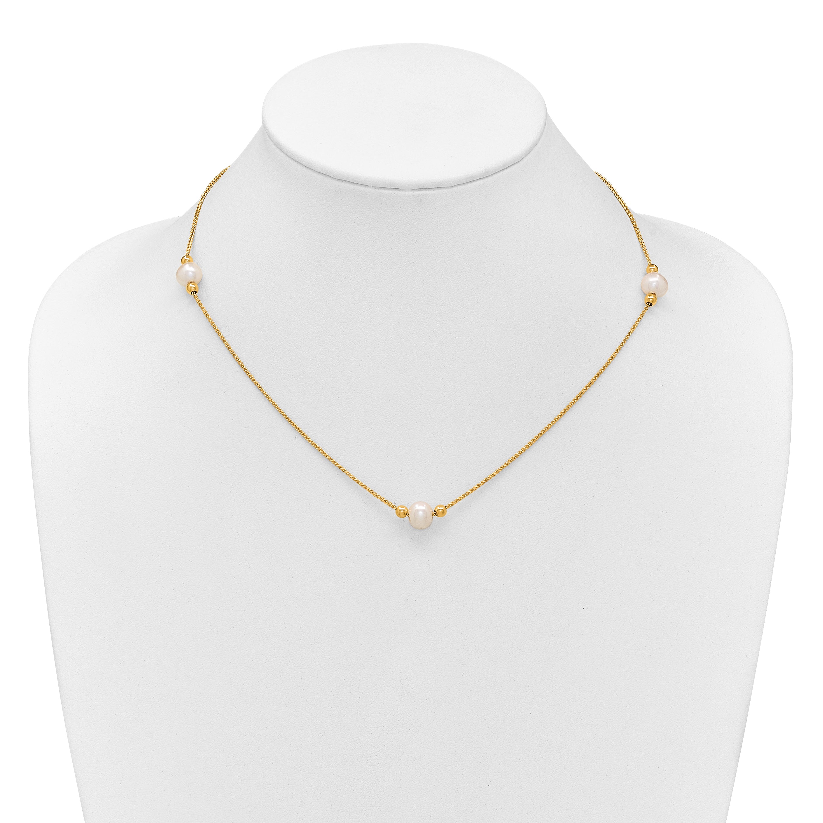 10K Yellow Gold Polished 8-9mm Semi-Round White Freshwater Cultured Pearl 3-Station 18 Inch Necklace