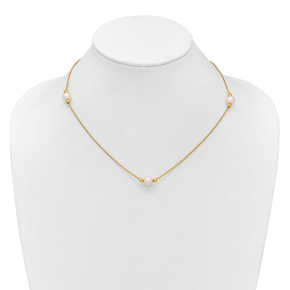 10K Yellow Gold Polished 8-9mm Semi-Round White Freshwater Cultured Pearl 3-Station 18 Inch Necklace