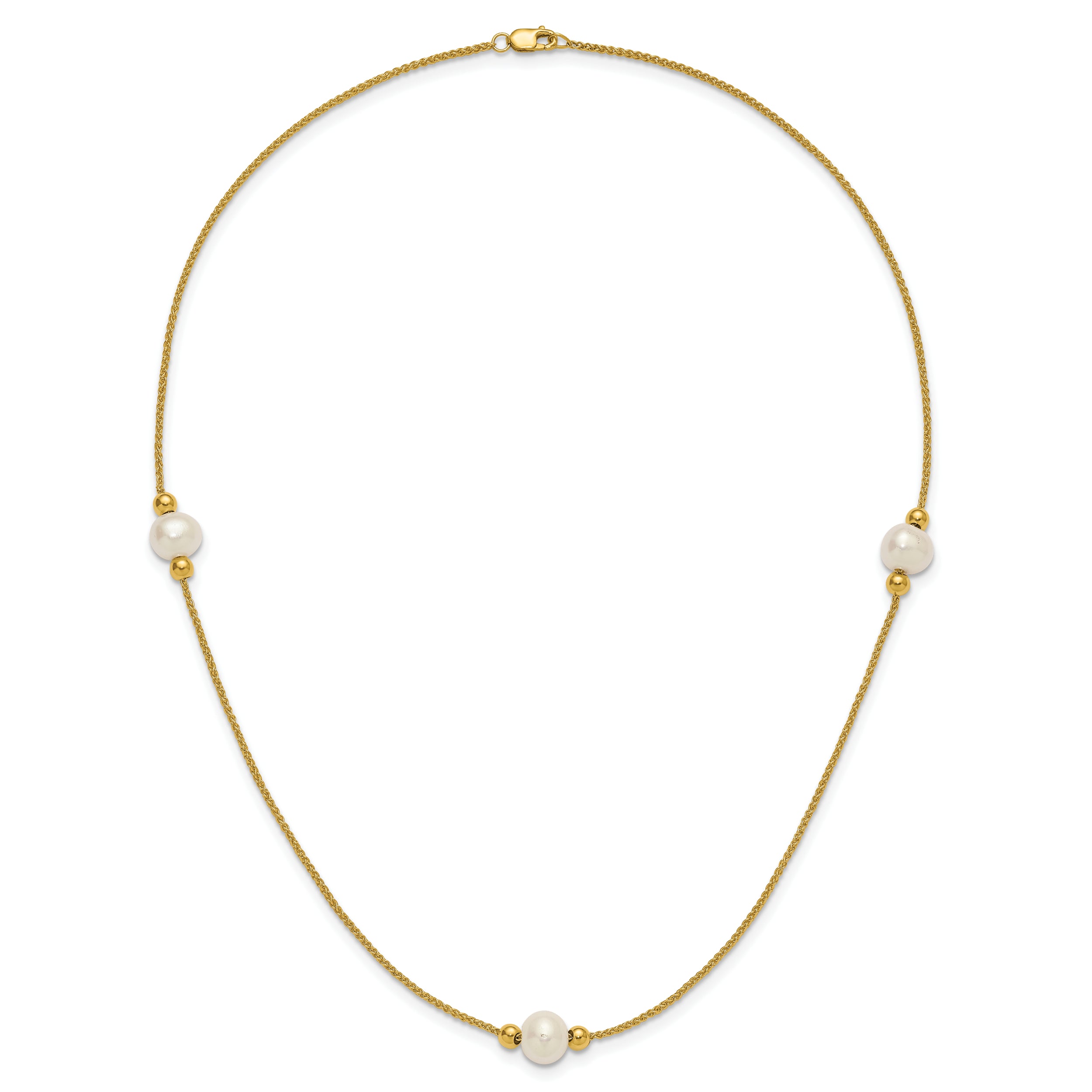 10K Yellow Gold Polished 8-9mm Semi-Round White Freshwater Cultured Pearl 3-Station 18 Inch Necklace