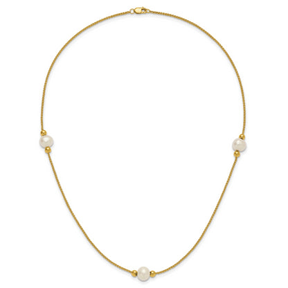 10K Yellow Gold Polished 8-9mm Semi-Round White Freshwater Cultured Pearl 3-Station 18 Inch Necklace