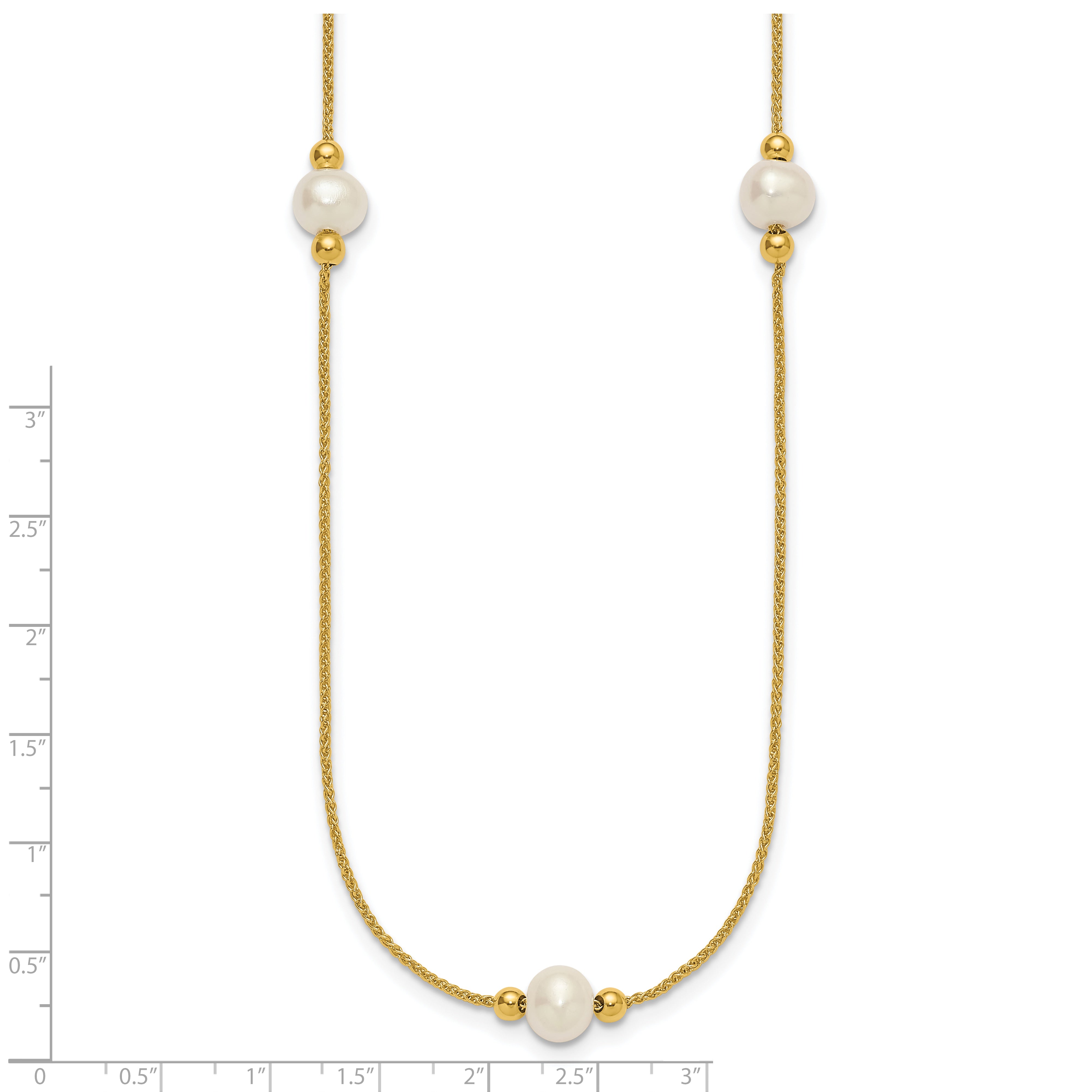 10K Yellow Gold Polished 8-9mm Semi-Round White Freshwater Cultured Pearl 3-Station 18 Inch Necklace