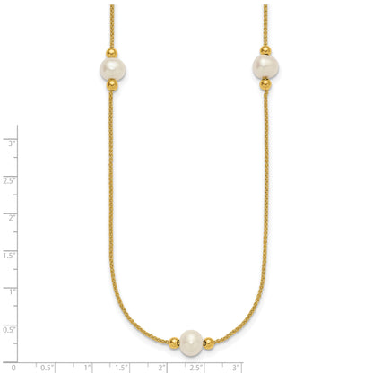 10K Yellow Gold Polished 8-9mm Semi-Round White Freshwater Cultured Pearl 3-Station 18 Inch Necklace
