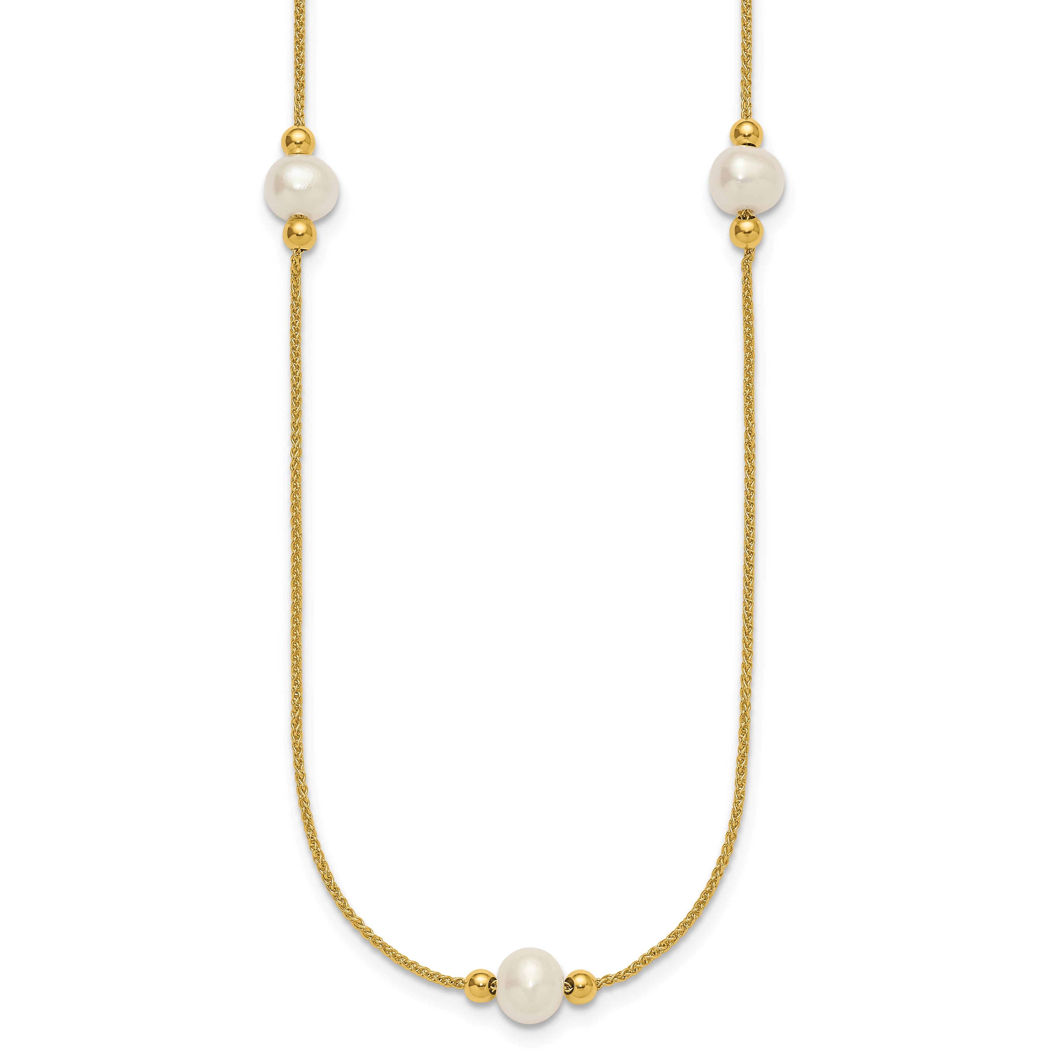 10K Yellow Gold Polished 8-9mm Semi-Round White Freshwater Cultured Pearl 3-Station 18 Inch Necklace