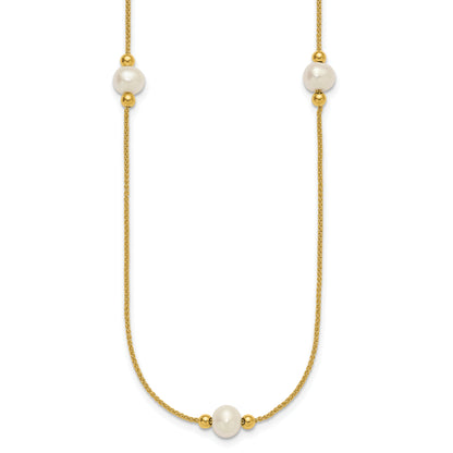 10K Yellow Gold Polished 8-9mm Semi-Round White Freshwater Cultured Pearl 3-Station 18 Inch Necklace