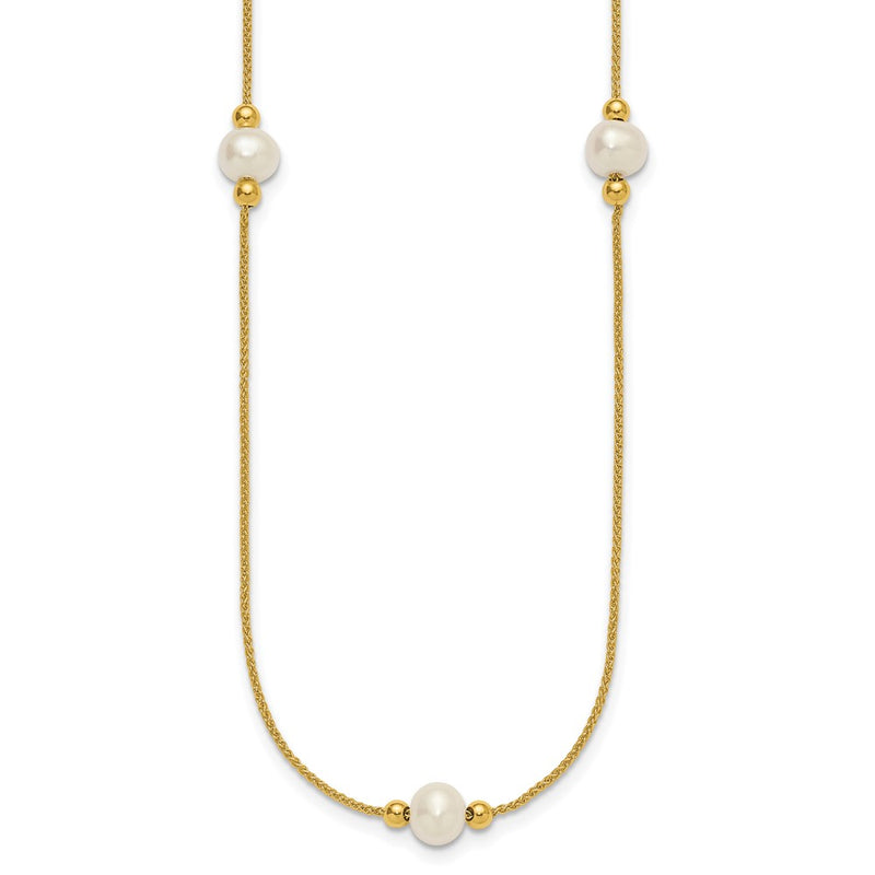 10K Yellow Gold Polished 8-9mm Semi-Round White Freshwater Cultured Pearl 3-Station 18 Inch Necklace