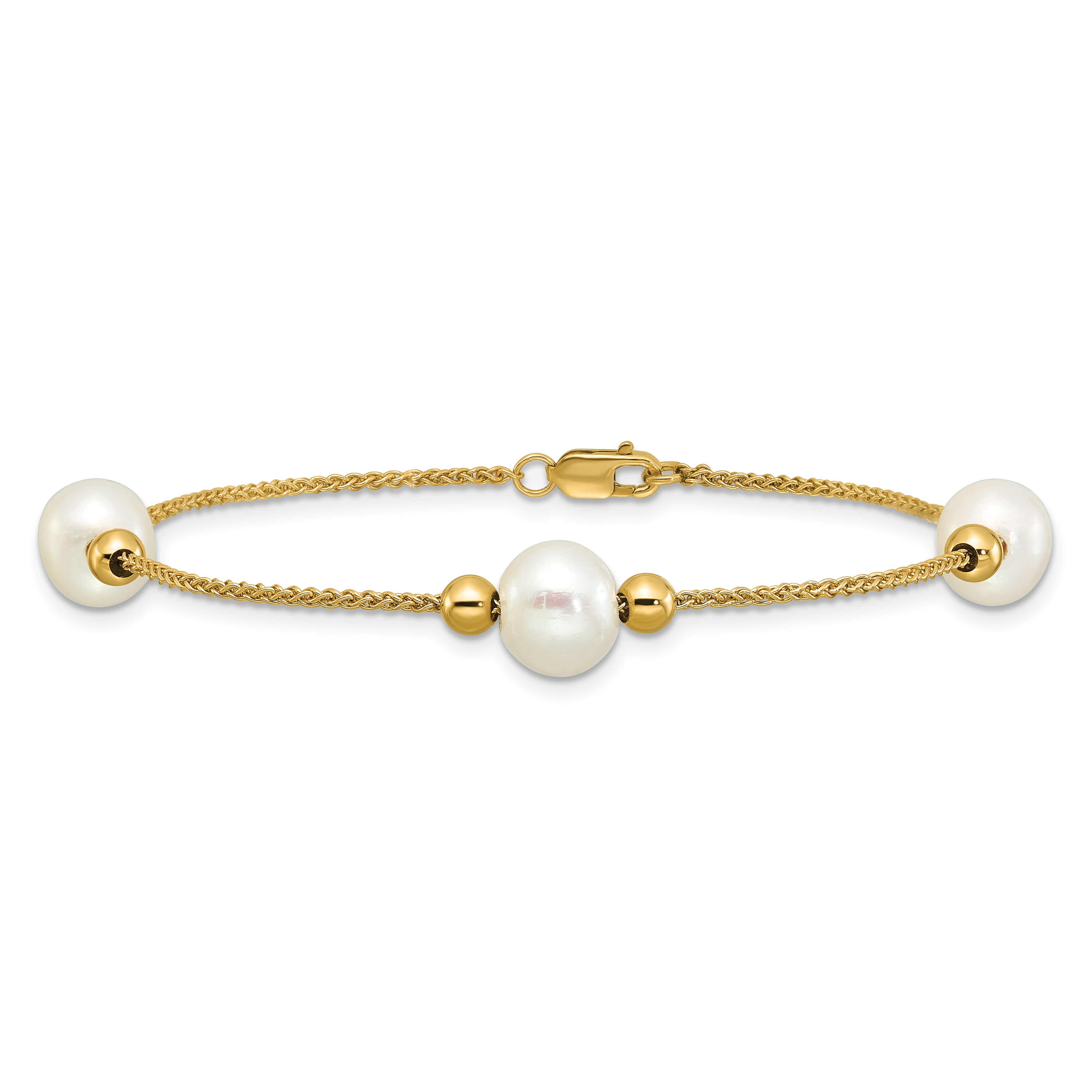 10K Yellow Gold Polished 8-9mm Semi-Round White Freshwater Cultured Pearl 3-Station 7.5 Inch Bracelet