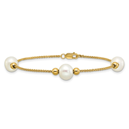 10K Yellow Gold Polished 8-9mm Semi-Round White Freshwater Cultured Pearl 3-Station 7.5 Inch Bracelet