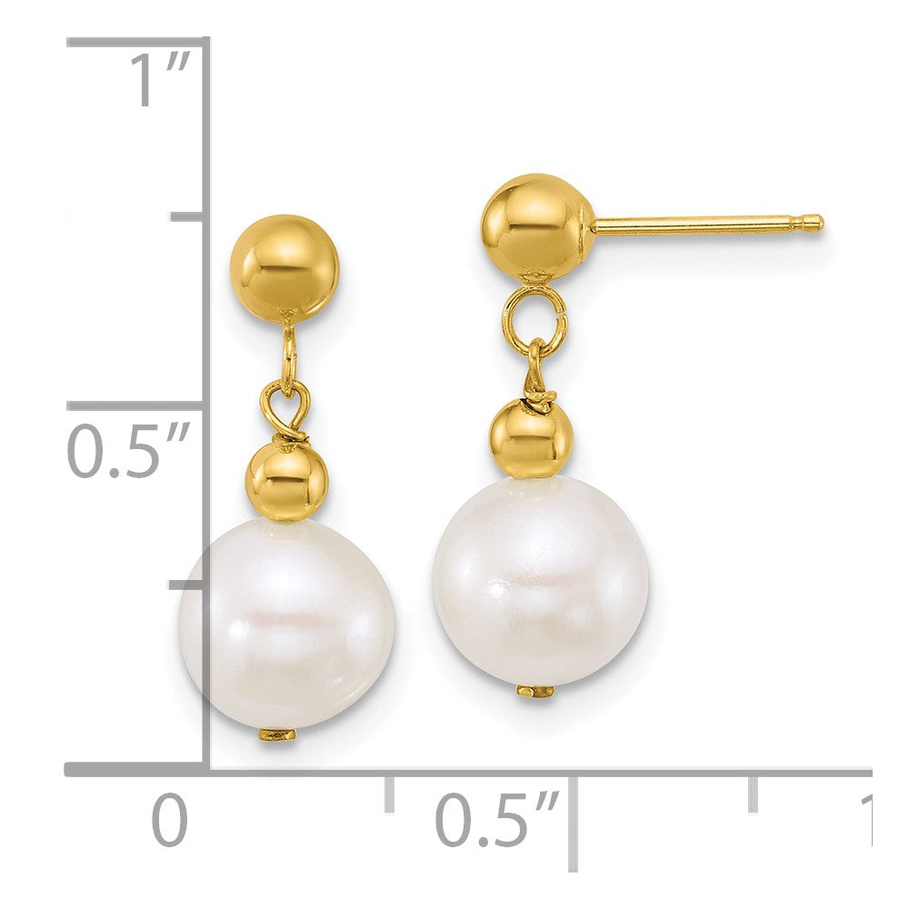 10K Yellow Gold Polished 7-8mm Semi-Round White Freshwater Cultured Pearl Dangle Post Earrings