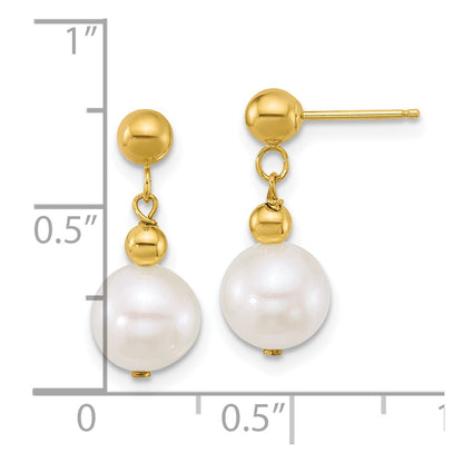 10K Yellow Gold Polished 7-8mm Semi-Round White Freshwater Cultured Pearl Dangle Post Earrings