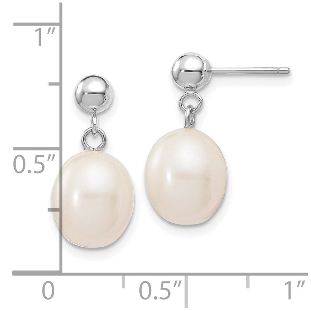 10K White Gold 8-9mm Rice Freshwater Cultured Pearl Dangle Post Earrings