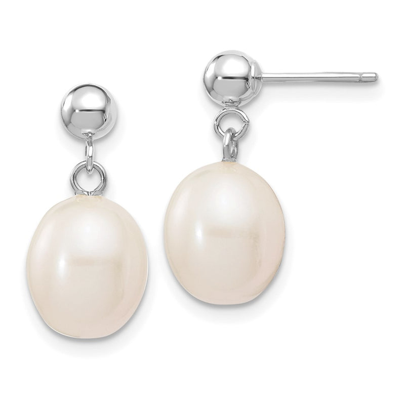 10K White Gold 8-9mm Rice Freshwater Cultured Pearl Dangle Post Earrings