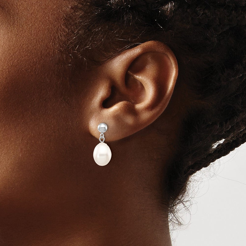 10K White Gold 7-8mm Rice Freshwater Cultured Pearl Dangle Post Earrings