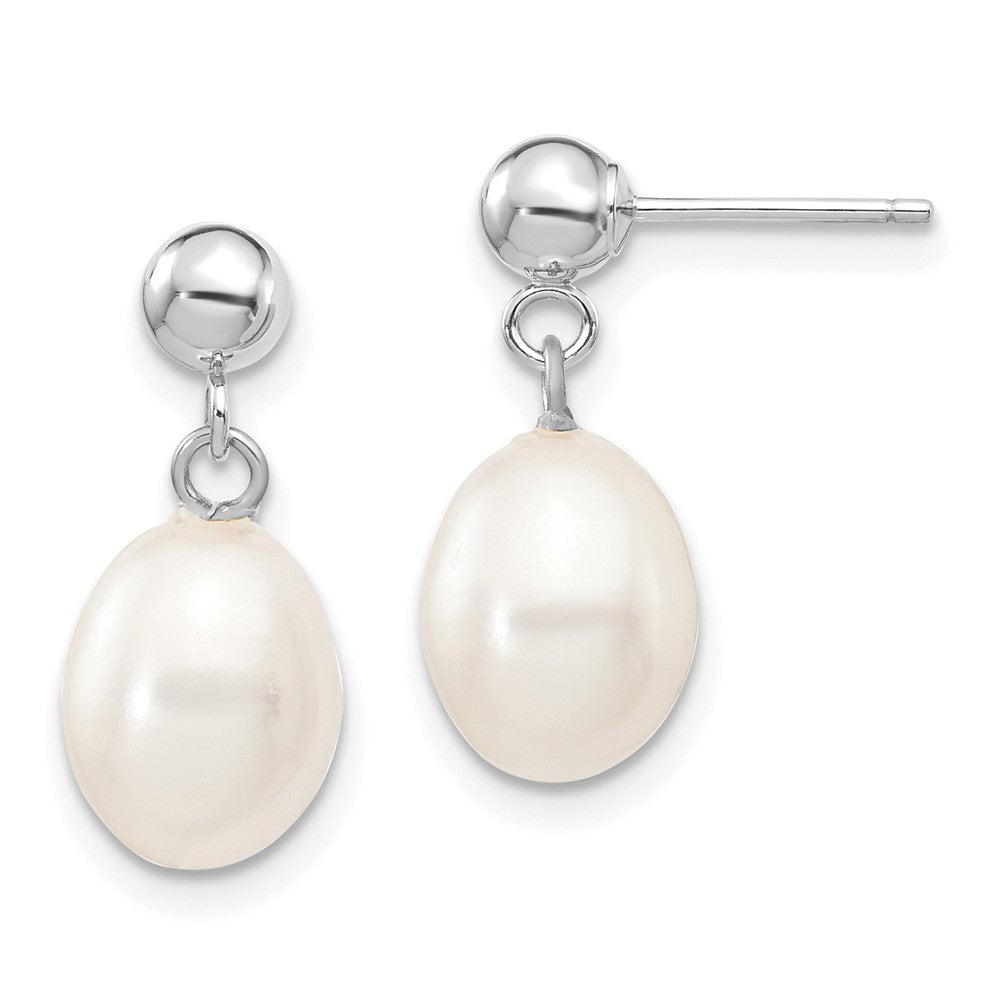 10K White Gold 7-8mm Rice Freshwater Cultured Pearl Dangle Post Earrings