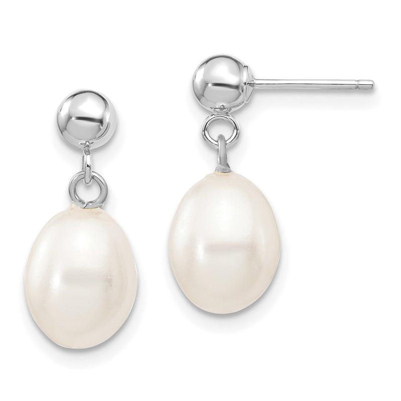10K White Gold 7-8mm Rice Freshwater Cultured Pearl Dangle Post Earrings