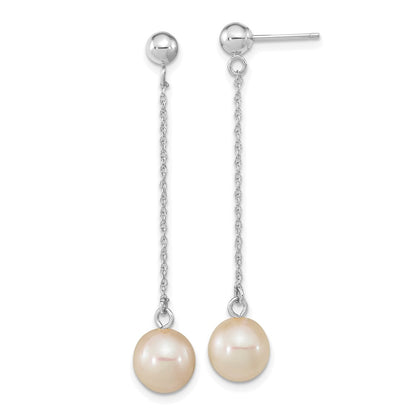 10K White Gold 7-8mm Round Freshwater Cultured Pearl Dangle Post Earrings