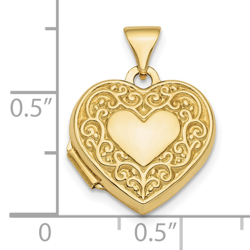 10K Yellow Gold Polished Fancy Scroll Design Front & Back 15mm Heart Locket