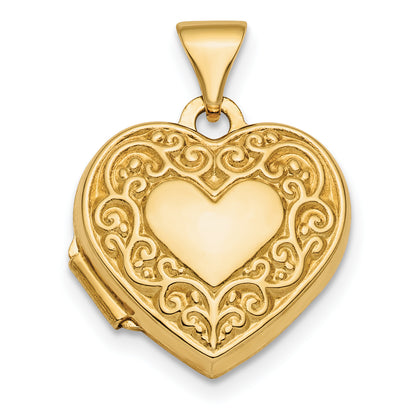 10K Yellow Gold Polished Fancy Scroll Design Front & Back 15mm Heart Locket