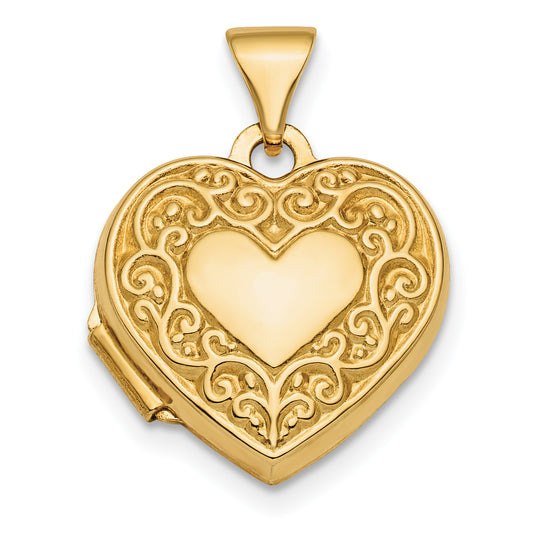 10K Yellow Gold Polished Fancy Scroll Design Front & Back 15mm Heart Locket