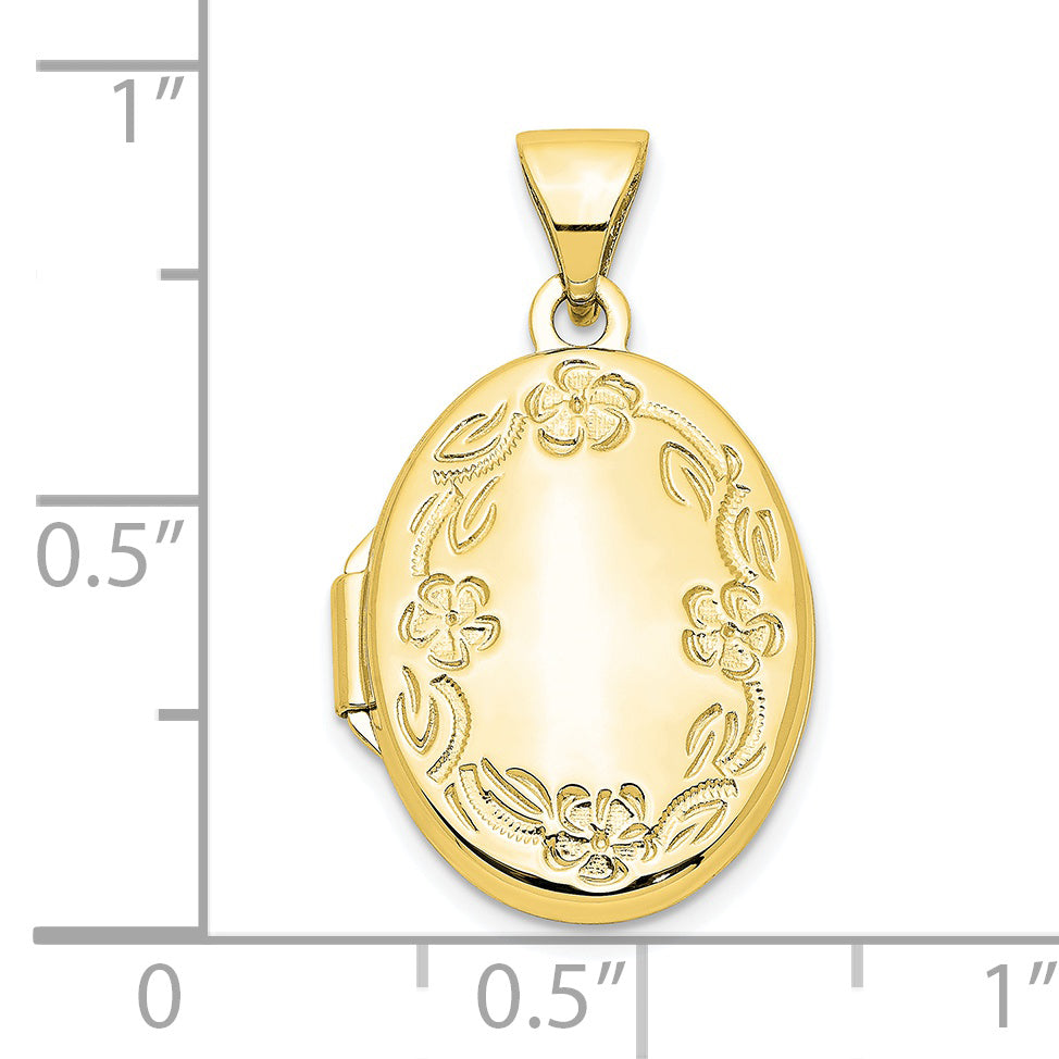 10K Yellow Gold 17mm Oval Leaf Floral Hand Engraved Locket