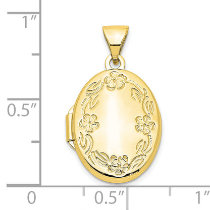 10K Yellow Gold 17mm Oval Leaf Floral Hand Engraved Locket