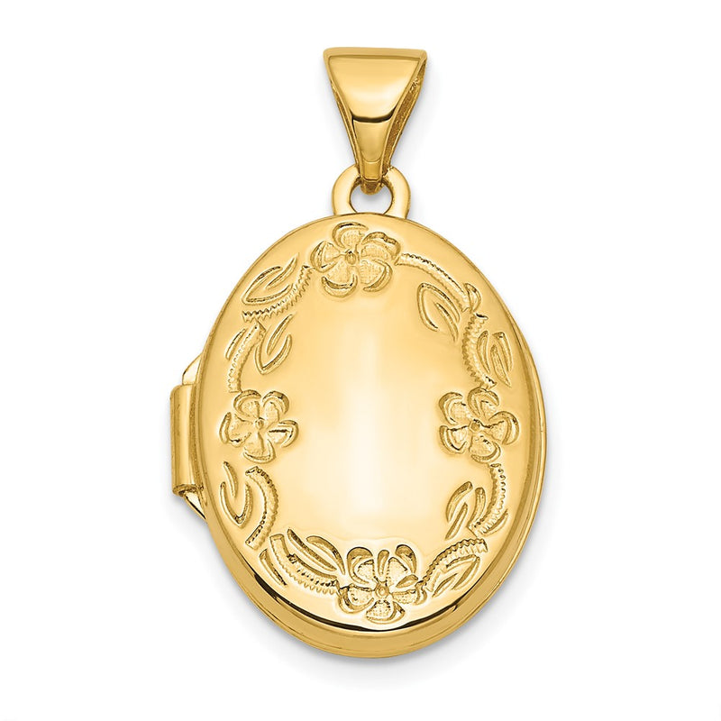 10K Yellow Gold 17mm Oval Leaf Floral Hand Engraved Locket
