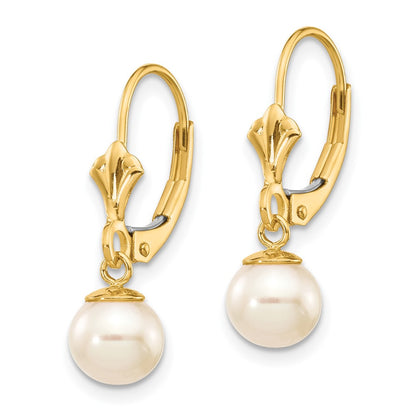 10K Yellow Gold 10K 6-7mm White Round Freshwater Cultured Pearl Leverback Earrings