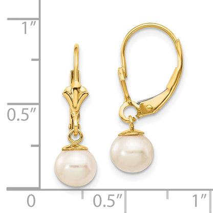 10K Yellow Gold 10K 6-7mm White Round Freshwater Cultured Pearl Leverback Earrings