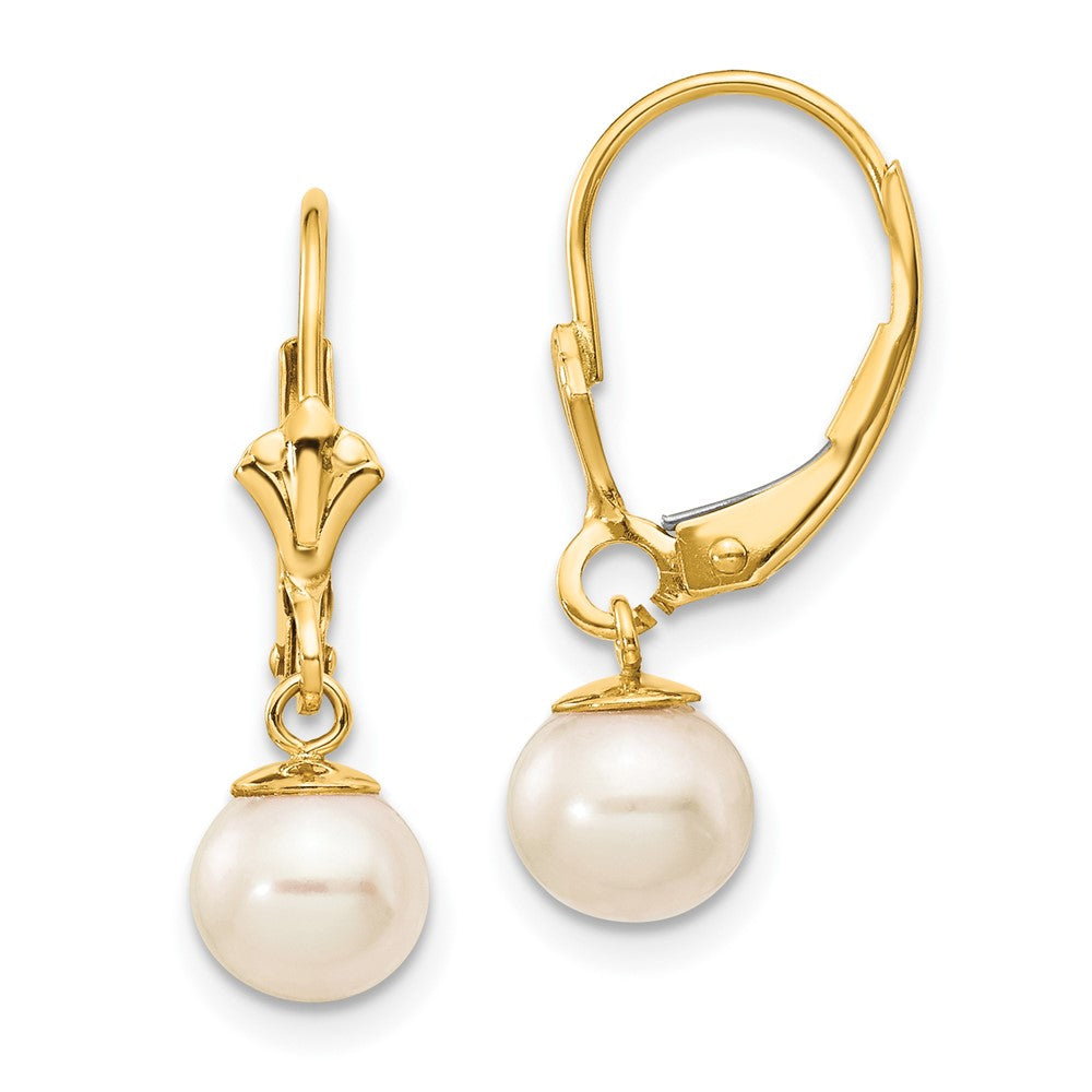 10K Yellow Gold 10K 6-7mm White Round Freshwater Cultured Pearl Leverback Earrings