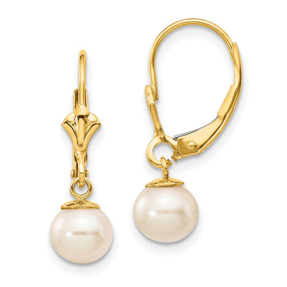 10K Yellow Gold 10K 6-7mm White Round Freshwater Cultured Pearl Leverback Earrings