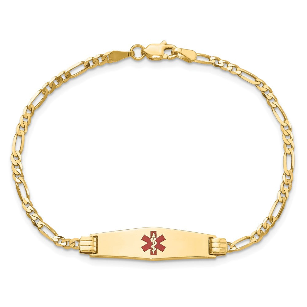 10K Yellow Gold Medical Soft Diamond Shape Red Enamel Figaro Id Chain Bracelet