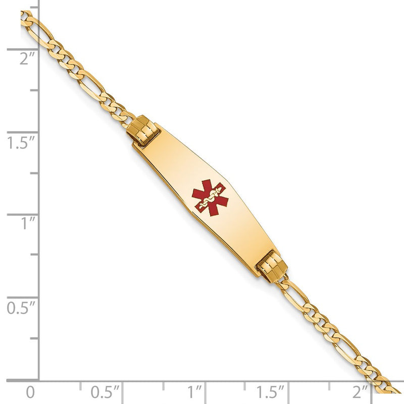 10K Yellow Gold Medical Soft Diamond Shape Red Enamel Figaro Id Chain Bracelet