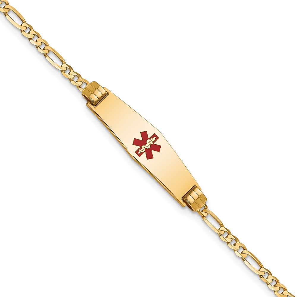 10K Yellow Gold Medical Soft Diamond Shape Red Enamel Figaro Id Chain Bracelet