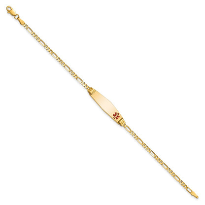 10K Yellow Gold Medical Soft Diamond Shape Red Enamel Figaro Id Chain Bracelet