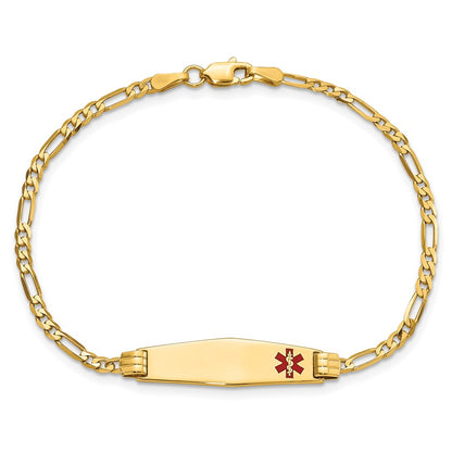 10K Yellow Gold Medical Soft Diamond Shape Red Enamel Figaro Id Chain Bracelet