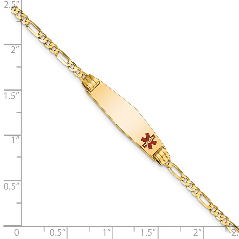 10K Yellow Gold Medical Soft Diamond Shape Red Enamel Figaro Id Chain Bracelet