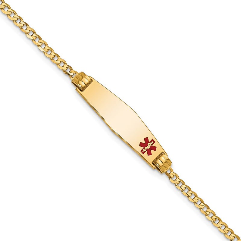 10K Yellow Gold Medical Soft Diamond Shape Red Enamel Curb Link Id Bracelet